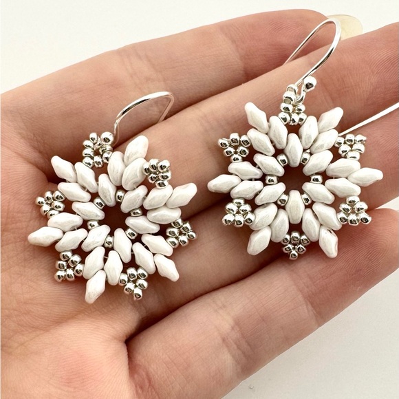 Sterling Silver and White Snowflake Earrings, Beaded White Snowflake Earrings - Picture 4 of 6